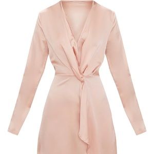 Nude Satin Long Sleeve Wrap Dress